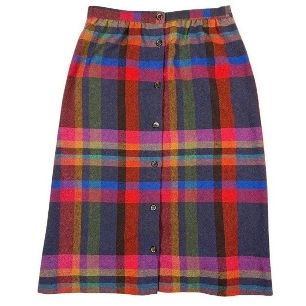 Random Sportswear Vintage Rainbow Plaid‎ Button Front Midi Skirt Made in USA